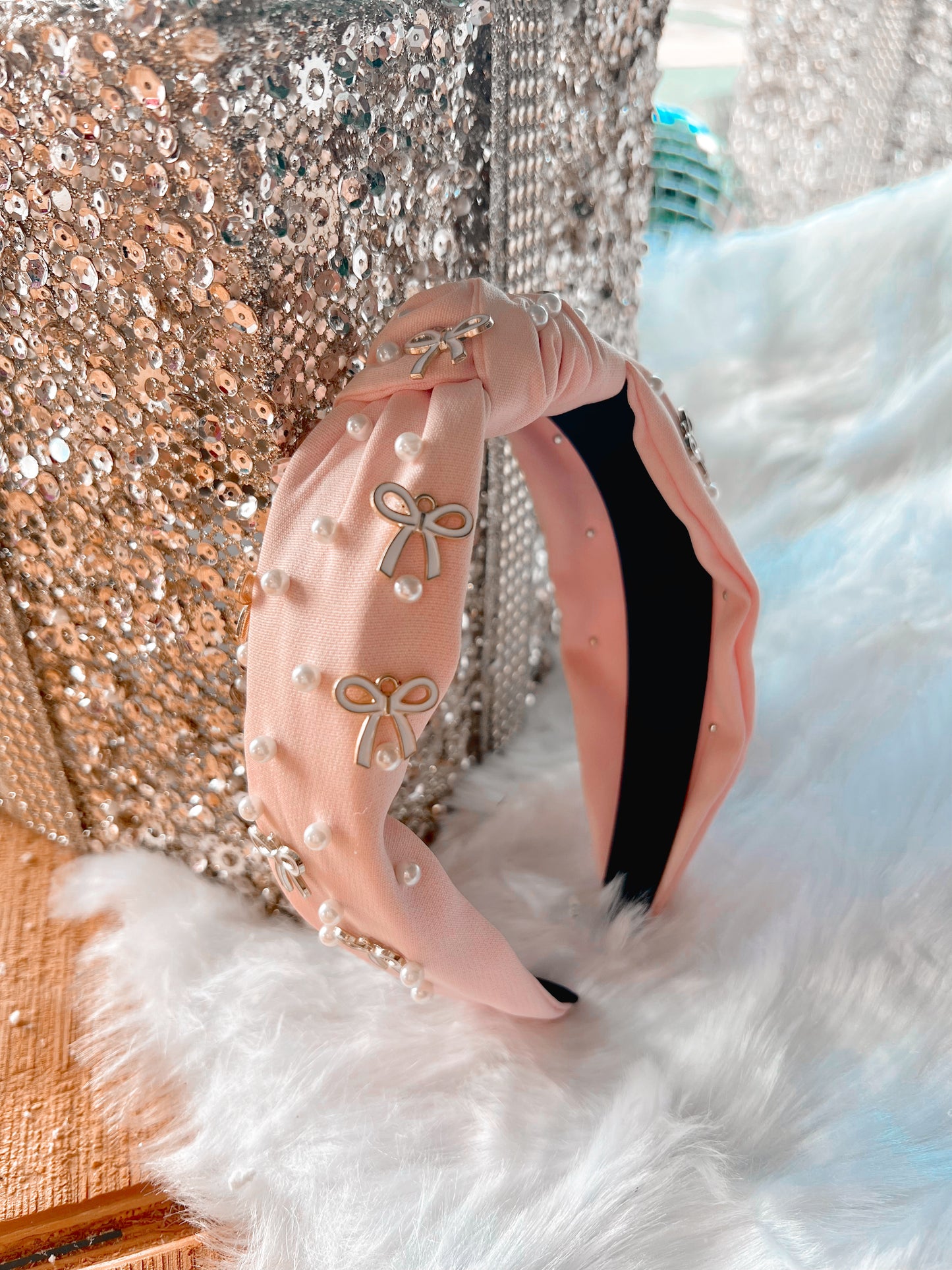 Pink Bow Beaded Headband