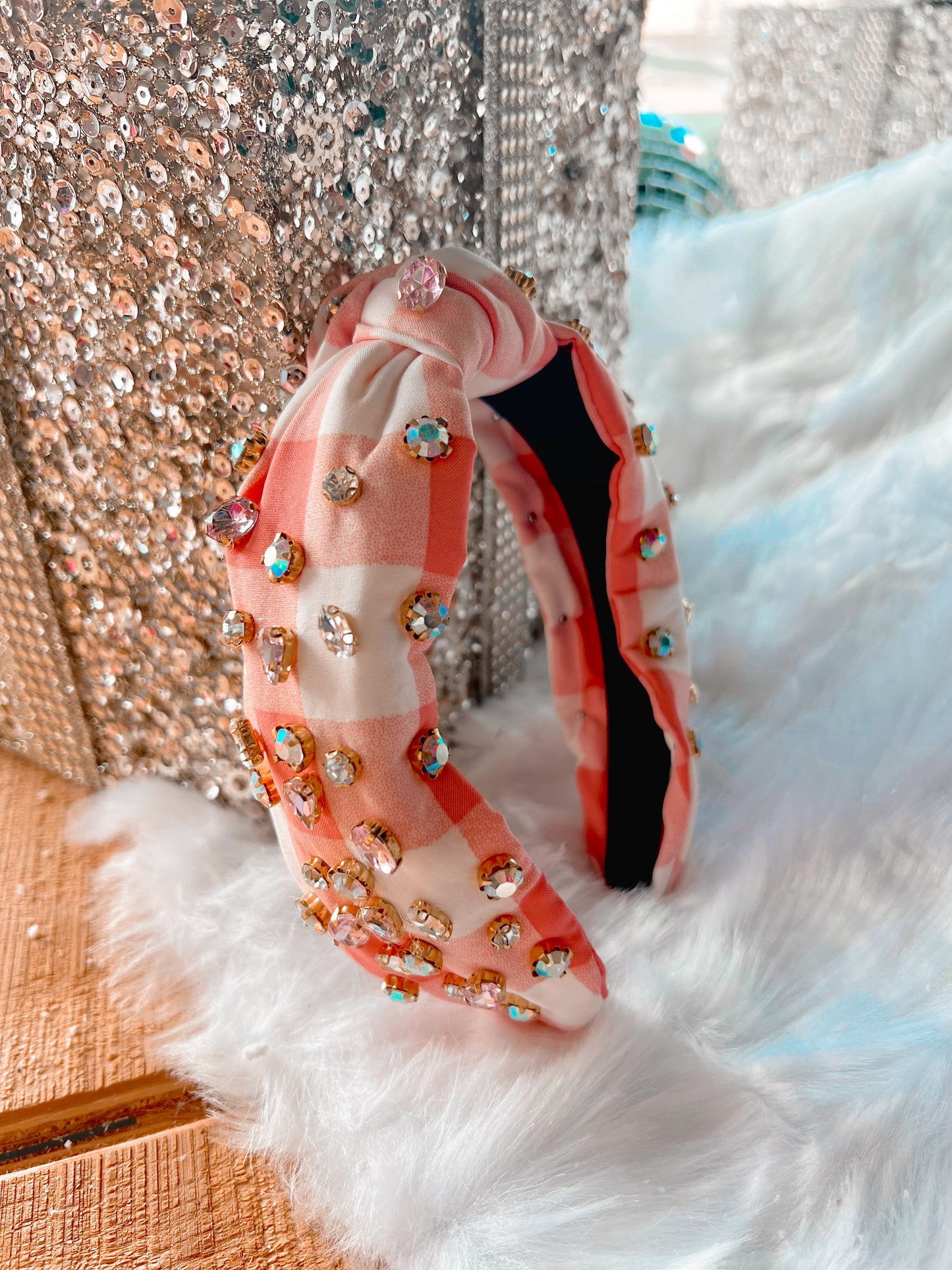 Pink Plaid Beaded Headband