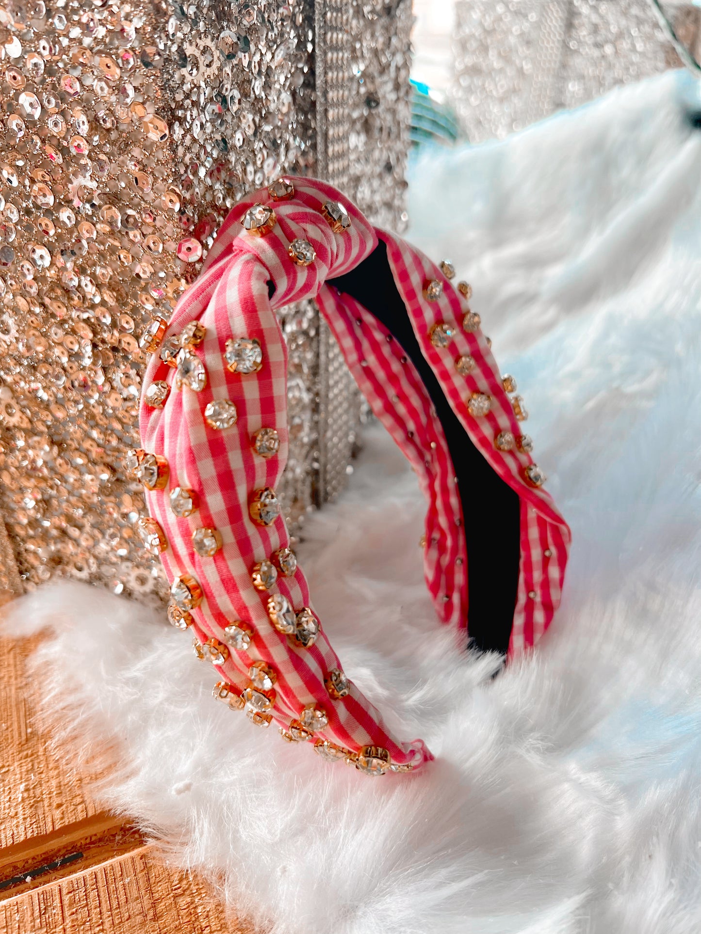 Pink Gingham Beaded Headband