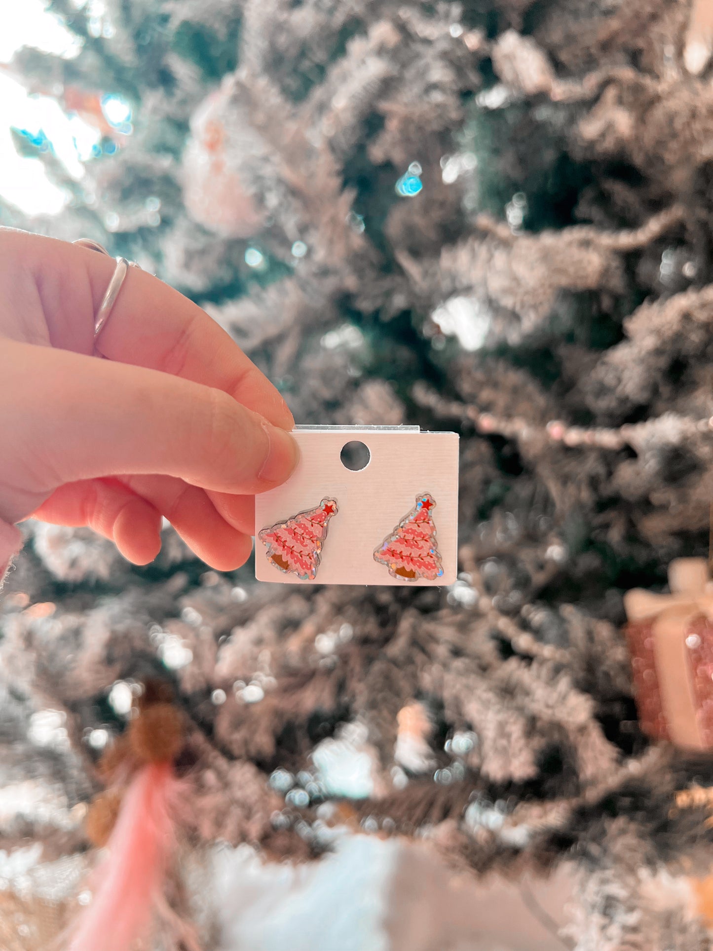 Pink Christmas Tree Stud Earrings