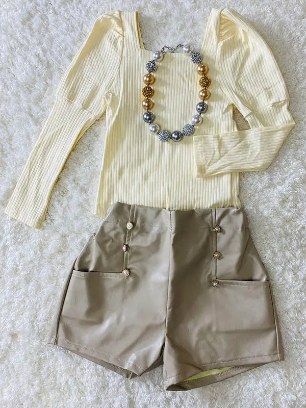 Cream Top & Leather Shorts Set