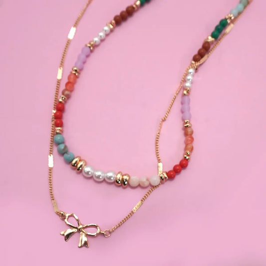 Multi-Beaded Bow Double Layer Necklace