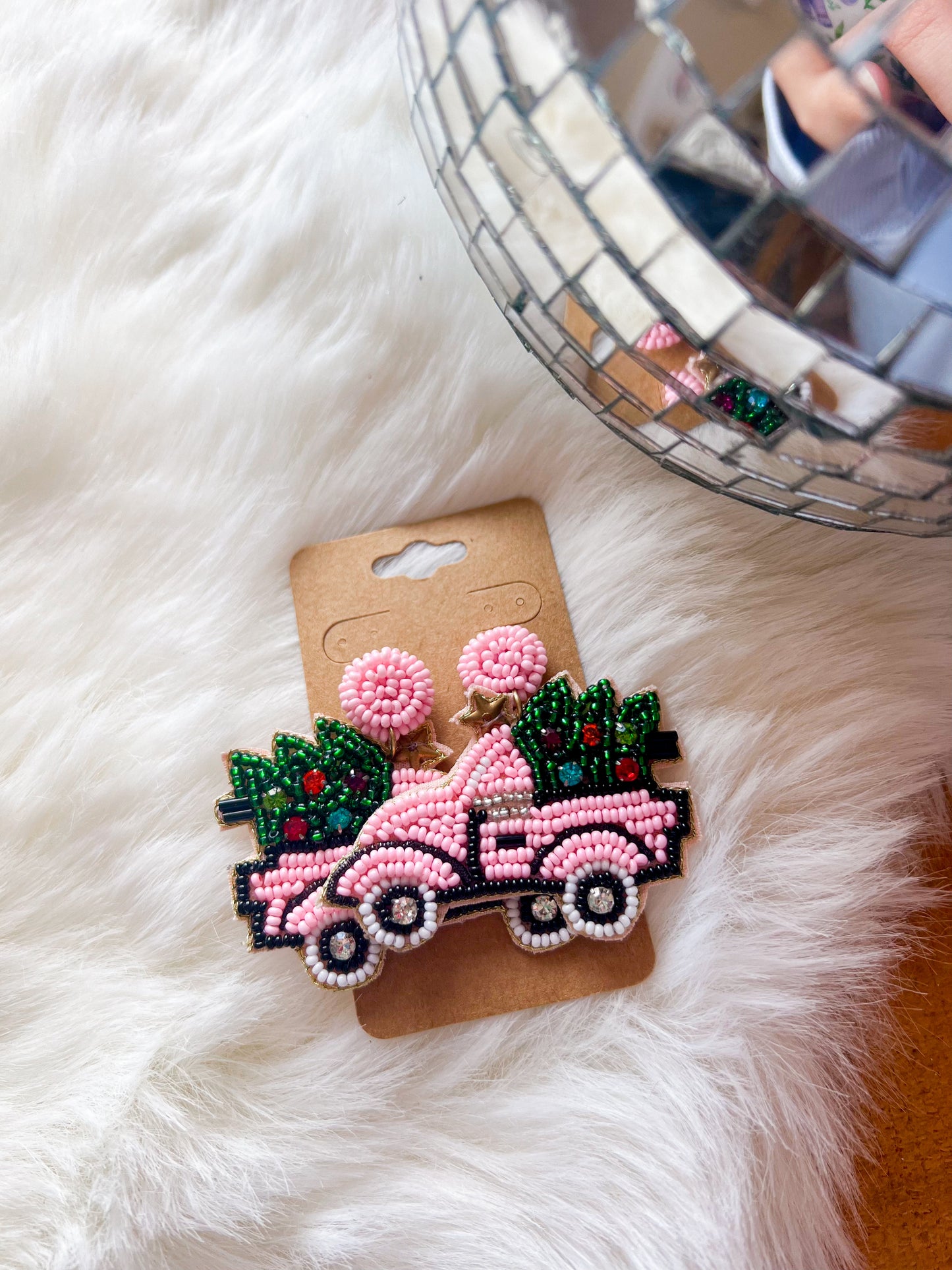 Pink Tree Truck Beaded Earrings